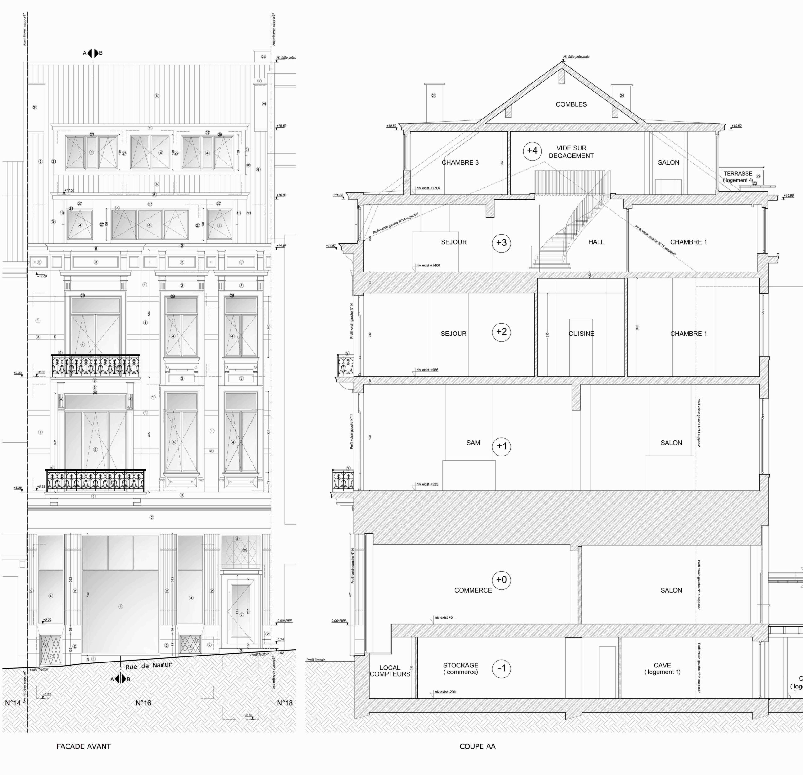 Vue en plan et coupe d'un immeuble réalisé par vmar architectes, spécialiste en régularisation à Bruxelles.