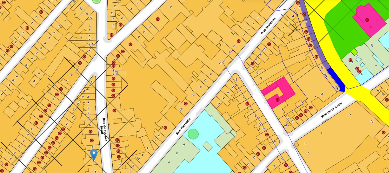 plan d'affectation en couleur avec bien repris au patrimoine et zone ziche